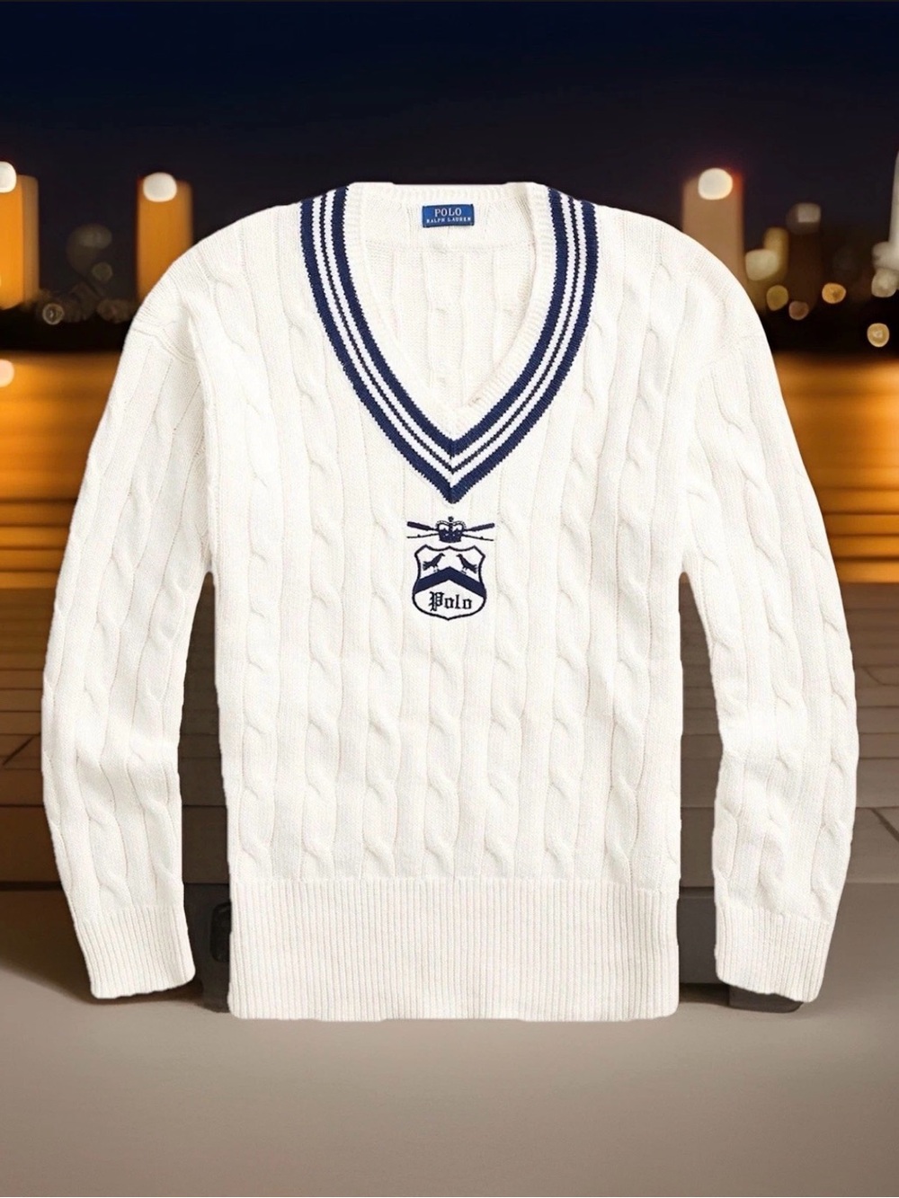 Polo by Ralph Lauren White Cable-Knit V-Neck Sweater with Navy Trim